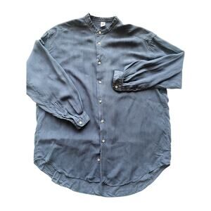 Giorgio Armani Navy Blue Silk Textured Band Collar Long Sleeve Shirt Size S